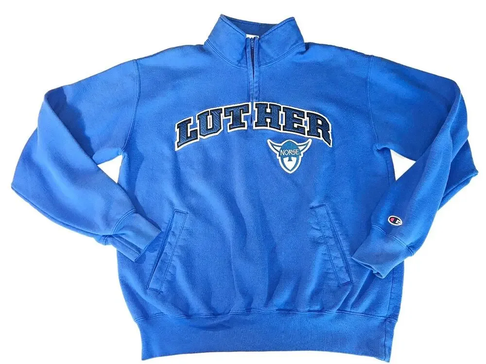 Champion Luther College Norse Logo 1/4 Zip Sweatshirt Royal Blue Unisex Large